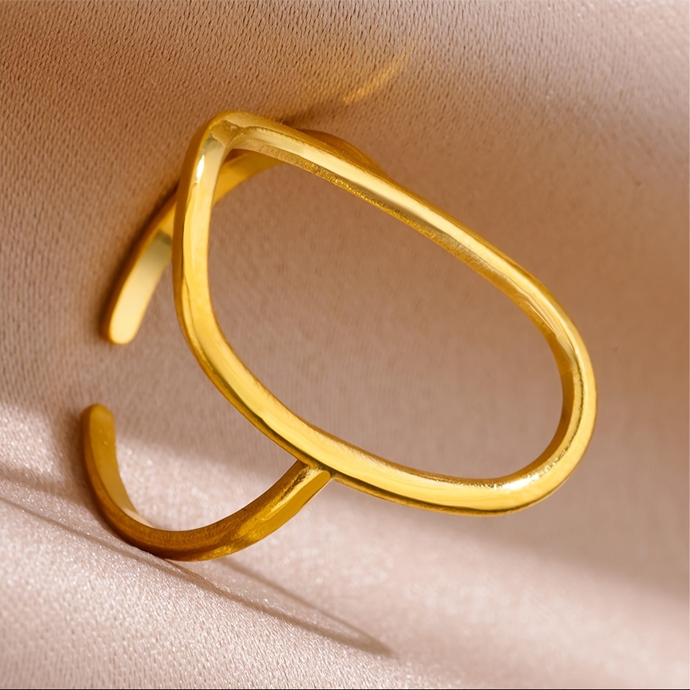 Vintage Stainless Steel Cuff Ring 18k Plated Hollow Geometry